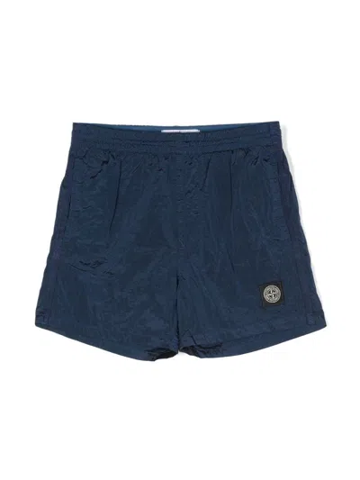 Stone Island Kids' Crinkled Logo-patch Shorts In Blue