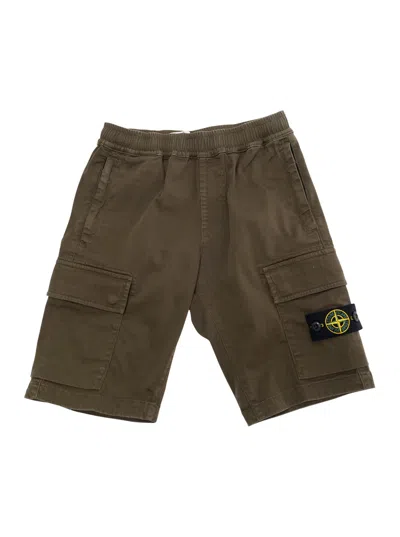 Stone Island Kids' Green Bermuda Pants With Elastic Waist And Logo Patch On The Front In Cotton Stretch Boy