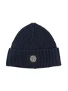 Stone Island Ribbed Logo Beanie In Blue