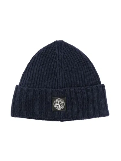 Stone Island Junior Kids' Ribbed Logo Beanie In Blue