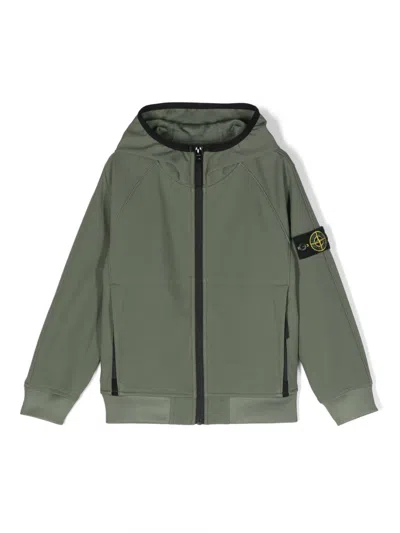 Stone Island Kids' Compass-patch Hooded Jacket In Green