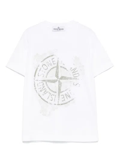 STONE ISLAND JUNIOR WHITE CREWNECK T-SHIRT WITH MAXI LOGO PRINT ON THE FRONT AND LOGO LETTERING ON THE REAR IN COTTON BO