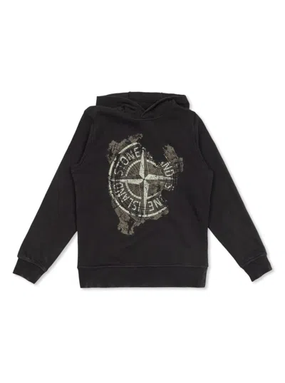STONE ISLAND BLACK HOODIE WITH FIXED HOOD AND MAXI LOGO PRINT ON THE FRONT IN COTTON BOY