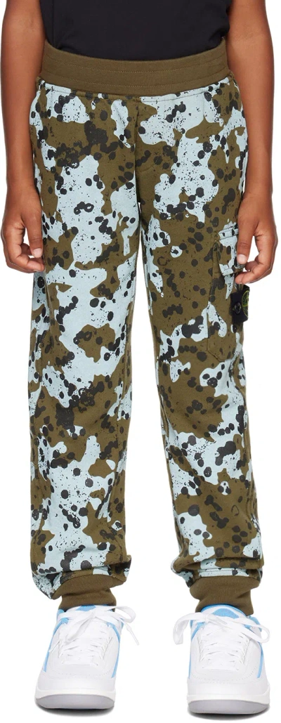 Stone Island Kids Green & Blue Printed Sweatpants In V0054 - Military Gre