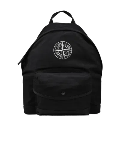 Stone Island Junior Logo Embroidered Zip-up Backpack In Black