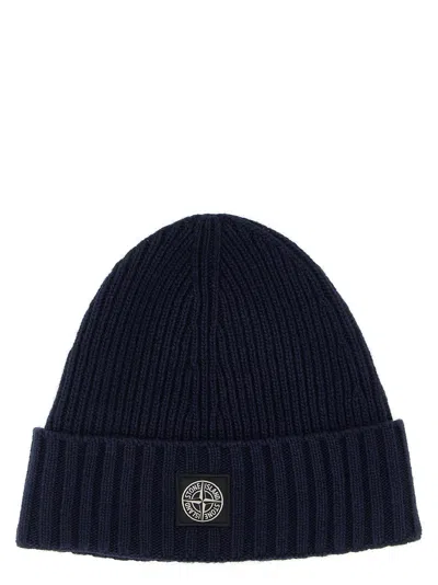 Stone Island Junior Logo Patch Beanie In Blue