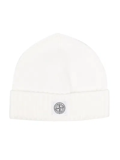Stone Island Kids' Logo-patch Cotton Beanie In 白色