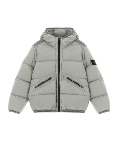 Stone Island Junior Logo Patch Hooded Down Jacket In Gray