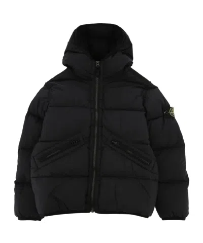 Stone Island Junior Logo Patch Hooded Down Short Parka In Black