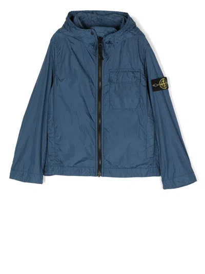 Stone Island Kids' Logo Patch Hooded Jacket In Blue