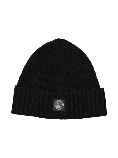 Stone Island Kids' Logo-patch Knitted Beanie In Black
