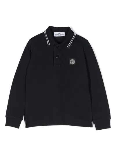 Stone Island Kids' Logo-patch Long-sleeve Polo Shirt In Blue