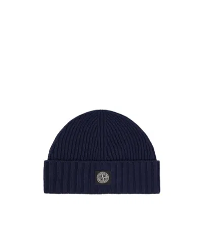 Stone Island Junior Logo Patch Ribbed Beanie In Blue