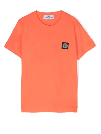 Stone Island Kids' Logo-patch Round-neck T-shirt In Orange