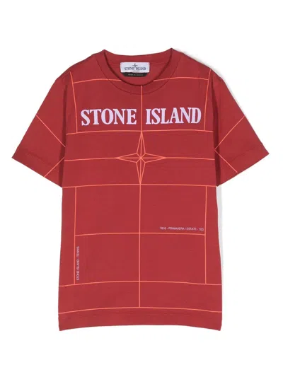 Stone Island Kids' Logo-print Checked T-shirt In Red