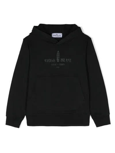 Stone Island Kids' Logo-print Cotton Hoodie In Black