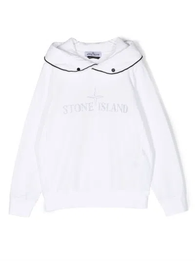 Stone Island Kids' Logo-print Cotton Hoodie In Bianco