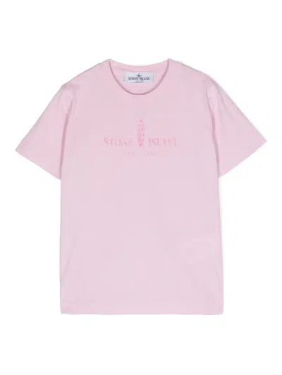 Stone Island Kids' Logo-print Cotton T-shirt In Pink