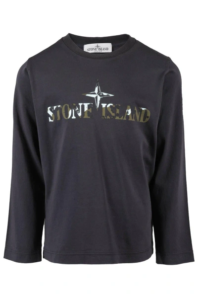 Stone Island Junior Kids' Logo-printed Long-sleeved Crewneck T-shirt In Navy Blue
