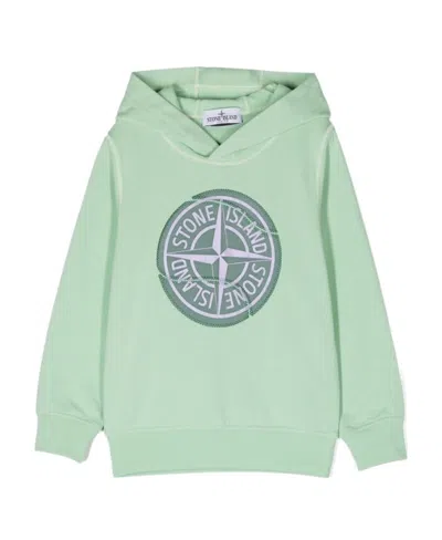 Stone Island Junior Logo Printed Long-sleeved Hoodie In Green
