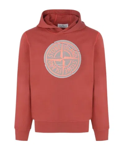 Stone Island Junior Logo Printed Long-sleeved Hoodie In Red