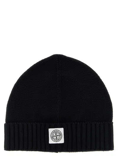 Stone Island Junior Logo-patch Knitted Cotton Beanie In Black