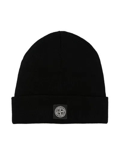 Stone Island Kids' Ribbed-knit Logo-patch Beanie In Black