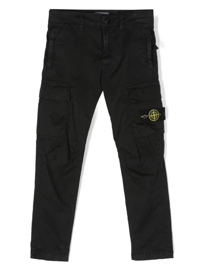 Stone Island Kids' Black Slim Cargo Pants With Logo Patch In Stretch Cotton Boy In Blue