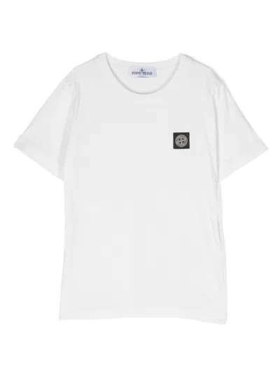 Stone Island Junior Kids' White Crewneck Short-sleeved T-shirt And Contrasting Patch Logo In Cotton Boy