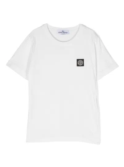 STONE ISLAND WHITE CREWNECK SHORT-SLEEVED T-SHIRT AND CONTRASTING PATCH LOGO IN COTTON BOY
