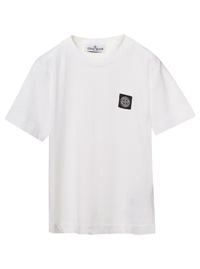 Stone Island Junior Kids' White Crewneck T-shirt With Patch Logo In Cotton Boy