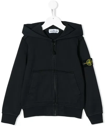 Stone Island Kids' Zip-up Logo Patch Hoodie In Black