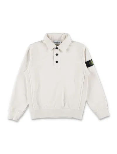 Stone Island Junior-style Polo Collar Fleece Sweatshirt With Detachable Compass Badge In Plaster Cream