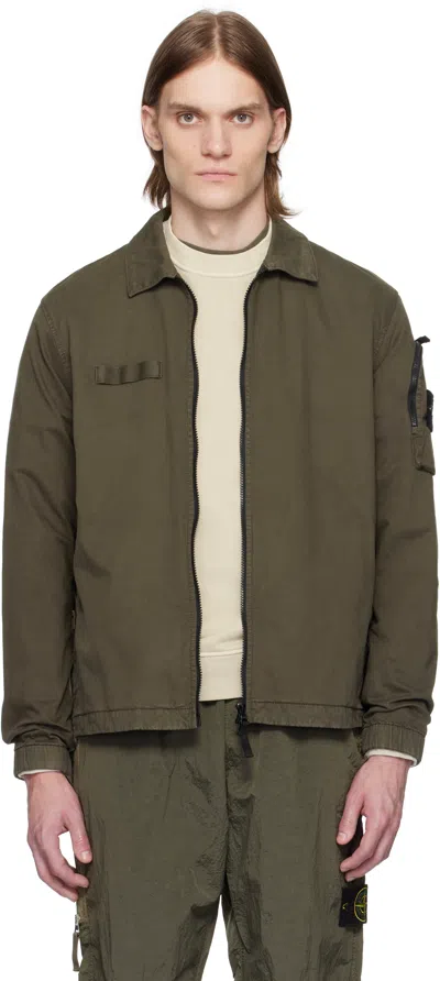 Stone Island Khaki Organic Stretch Broken Twill Cotton Old Effect Overshirt In V0154 Military Green
