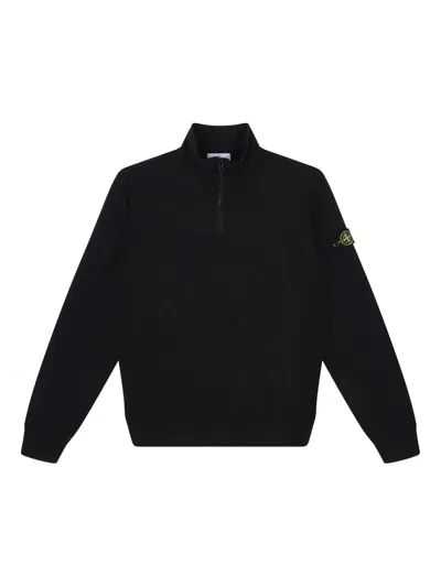 Stone Island Kids Classic Cotton Polo Sweater With Button Closure And Signature Left Sleeve Logo Bad In Black