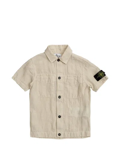 Stone Island Kids Mini Button-up Shirt With Patch Pockets For Boys In White