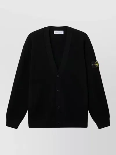 Stone Island Knit Cardigan V Neck Long Sleeves Pockets In Black