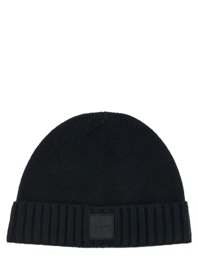 Stone Island Knitted Cashmere Cap With Ribbed Brim In Blue