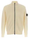 Stone Island High Collar Ribbed Texture Cardigan Badge In Neutral