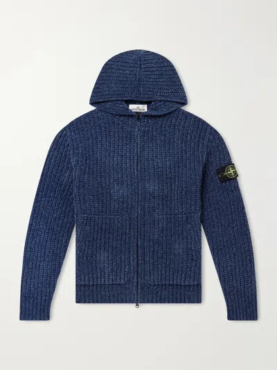 Stone Island Knitted Cotton-chenille Zip-up Hoodie In Blue