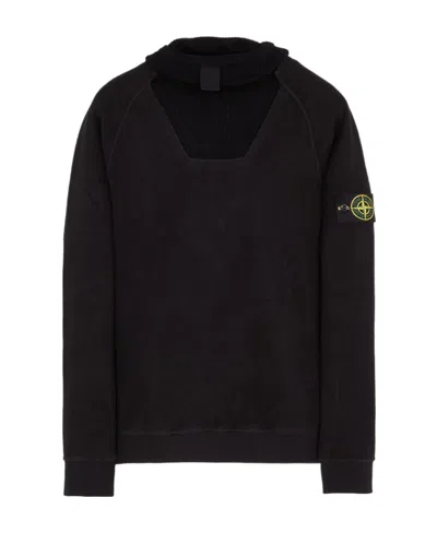 Stone Island Knitted Panel Cotton-blend Hoodie In Black