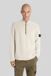 Stone Island White Sweater With Logo Patch On The Sleeve And Front Half Zip Closure In Wool Stretch Man In Neutral