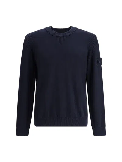 Stone Island Cotton Sweatshirt With Logo Embroidery On The Left Sleeve In Navy Blue