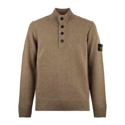 Stone Island Lambswool Half-zip Button-down Sweater Walnut In Beige