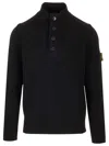 Stone Island High Collar Pullover With Buttoned Placket And Logo Patch In Black