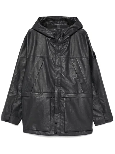 Stone Island Leather Jacket In Black