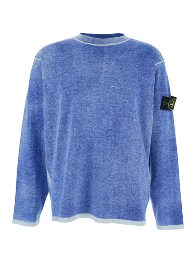 Stone Island Light Blue Crewneck T-shirt With Logo Patch On The Sleeve And Contrasting Decorative St In Multicolor