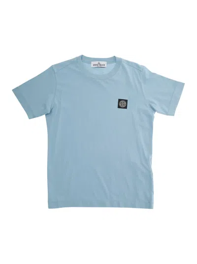 Stone Island Kids' Light Blue T-shirt With Round Neck And Logo Patch On The Front In Cotton Boy