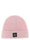 Stone Island Light Wool Knitted Beanie With Compass Patch Accessories In Pink