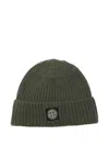 Stone Island Beanie With Compass Patch And Ribbed Cuff In Green